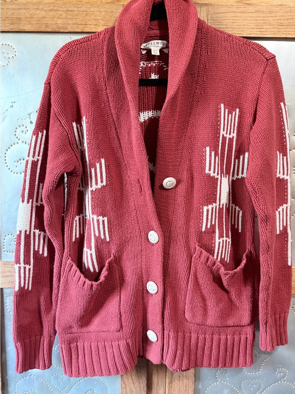 Idyllwind Rose and White Shawl-Collar Button Cardigan